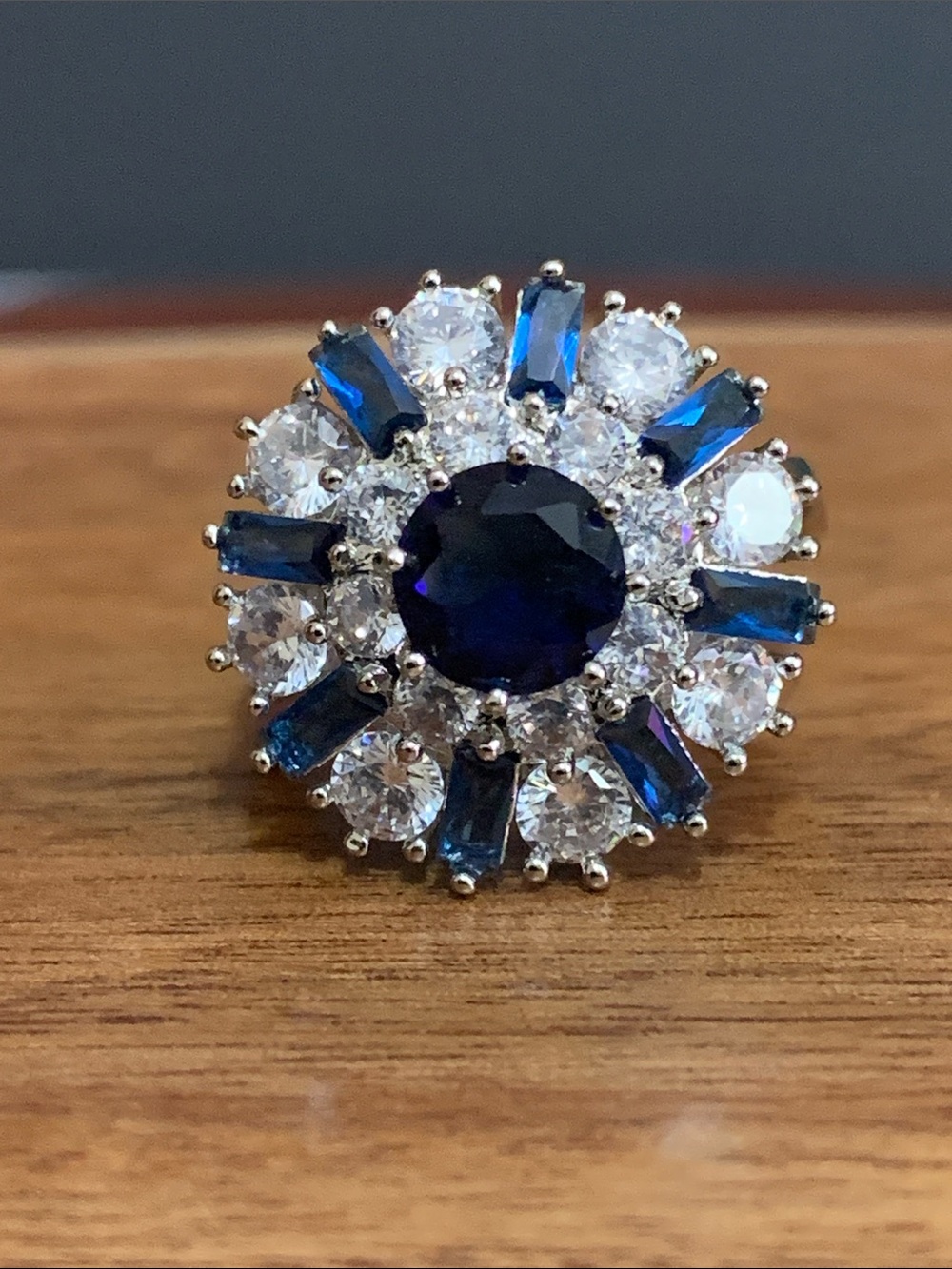 925 plated blue and clear stone ring size 7